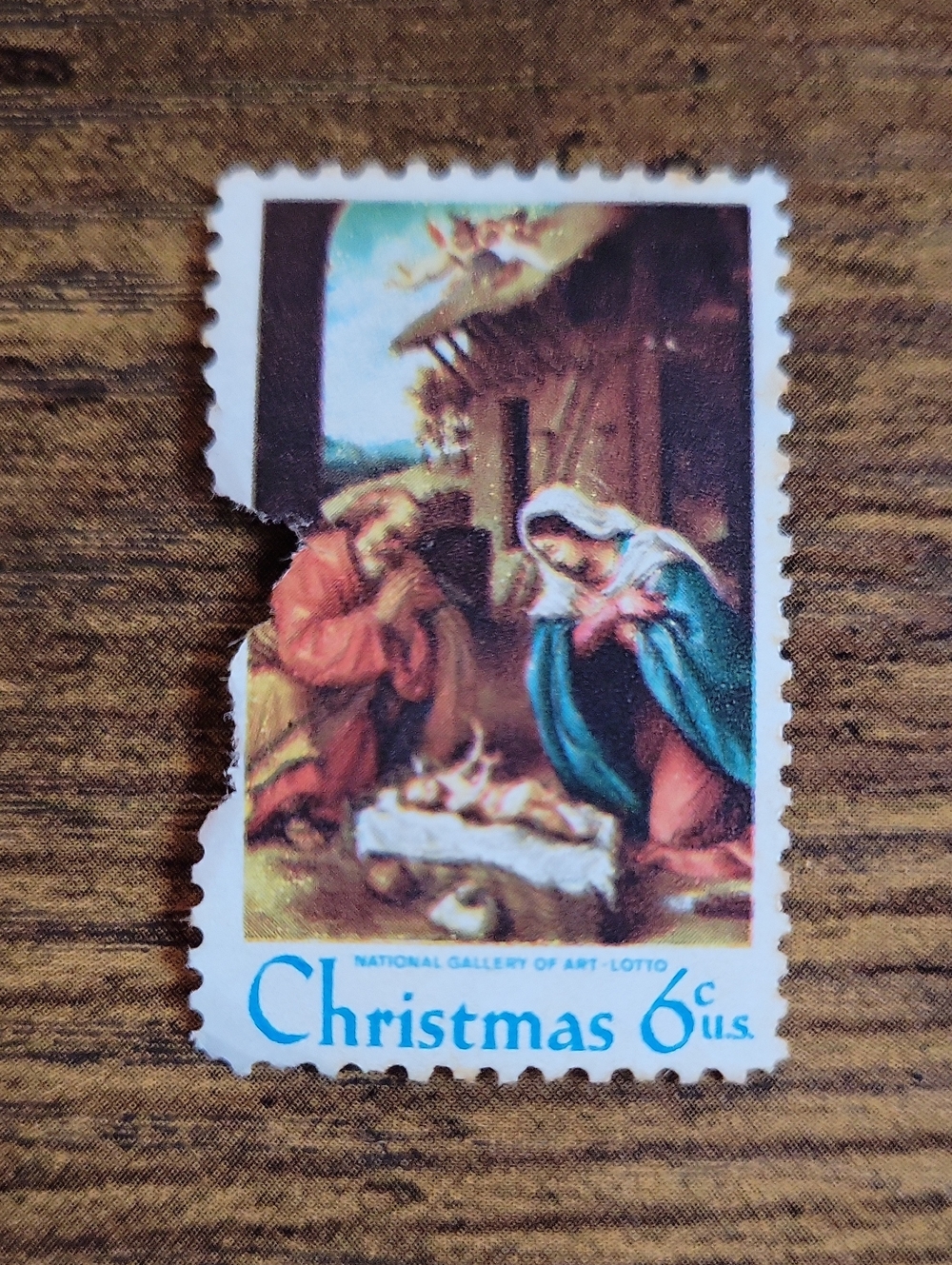 Vintage Christmas Nativity Stamp – Blue & Red